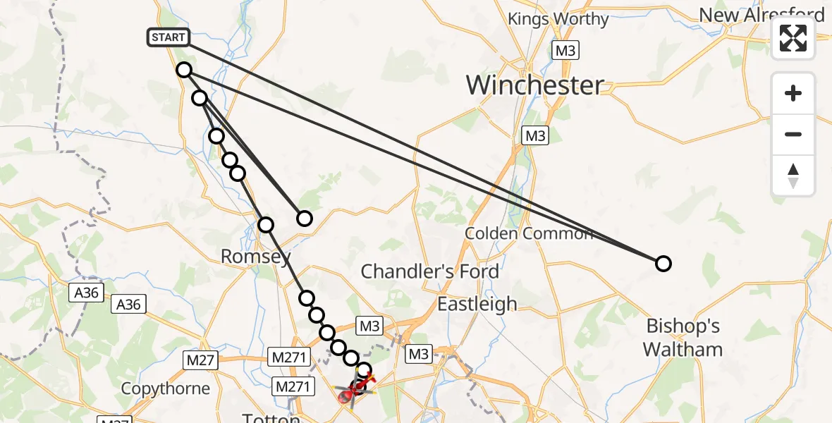 Flight route Air Ambulance Helicopter Test Valley - University Hospital Southampton, 29 June 2026, 21:16