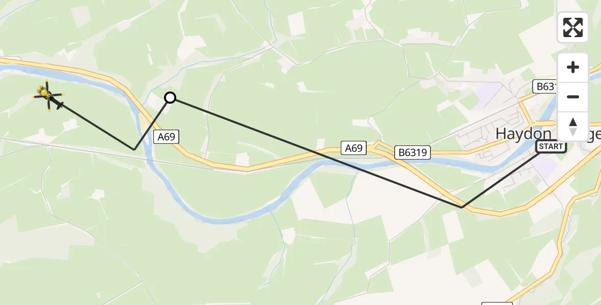 Flight route Police Helicopter Haydon Bridge - Haydon, 29 June 2026, 21:20