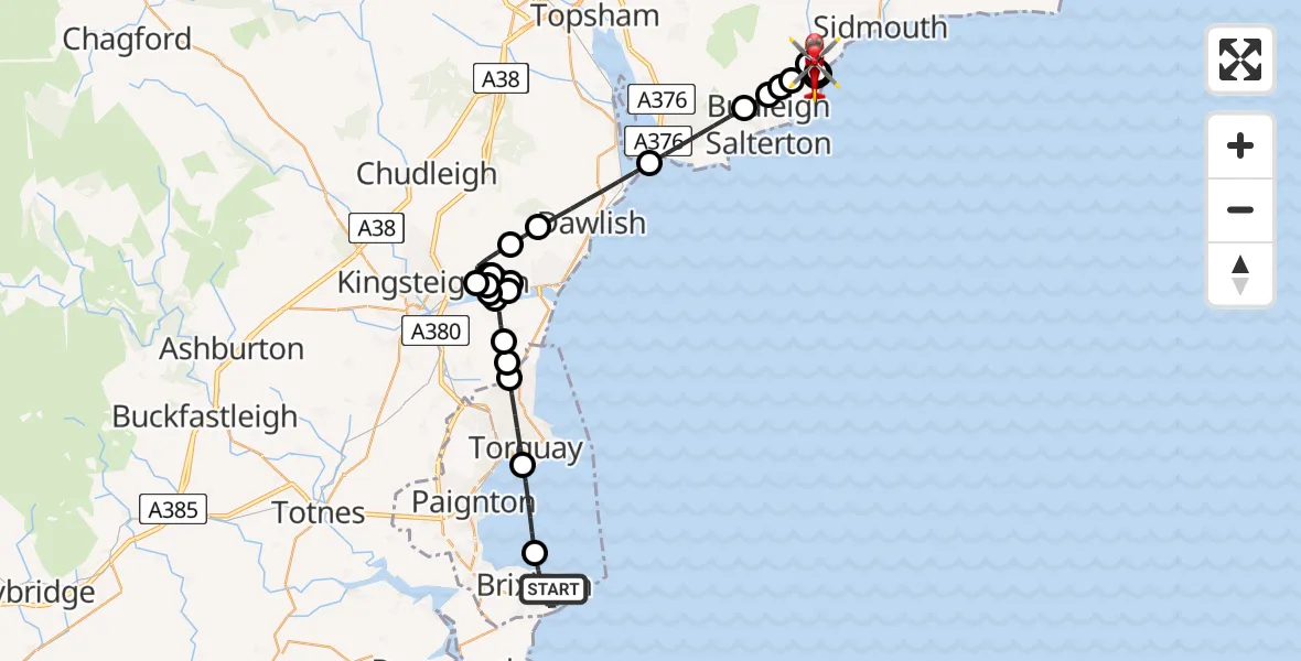 Flight route Air Ambulance Helicopter Brixham - Otterton, 29 June 2026, 21:23