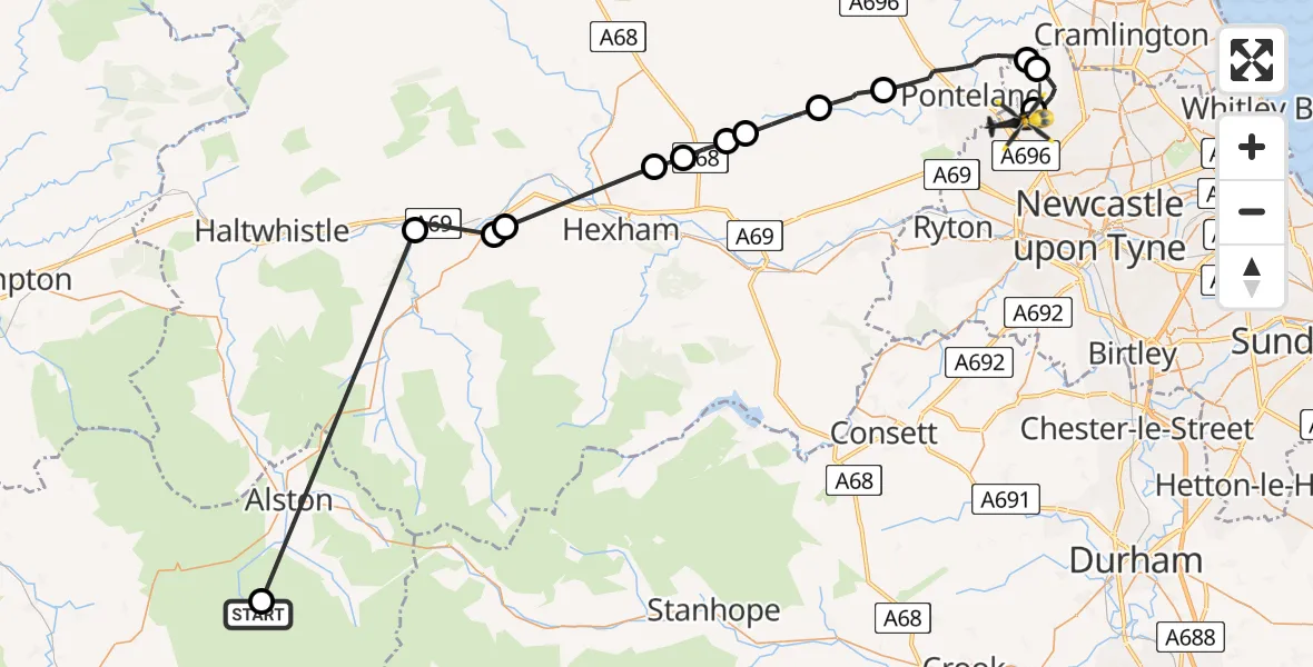 Flight route Police Helicopter Ousby - Newcastle International Airport, 29 June 2026, 21:35