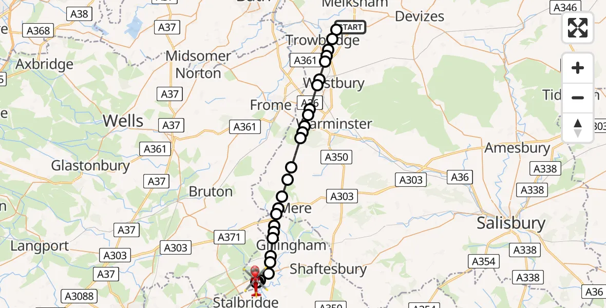 Flight route Air Ambulance Helicopter Semington - Henstridge Airfield, 29 June 2026, 21:45