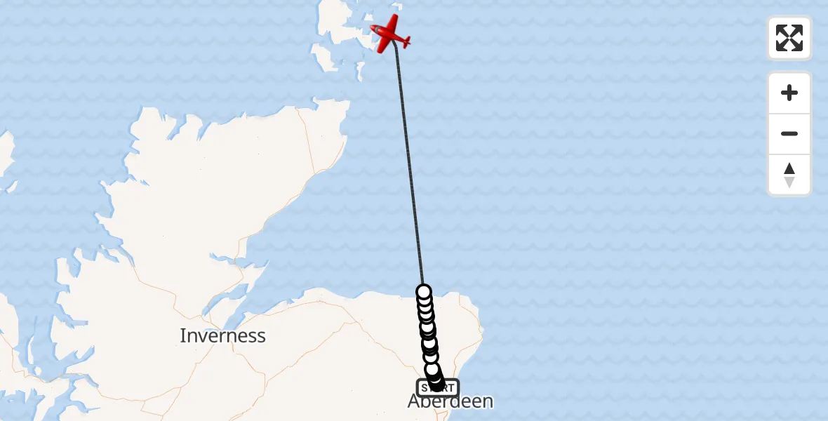 Flight route Air Ambulance Aircraft Dyce and Stoneywood - North Sea, 29 June 2026, 21:55