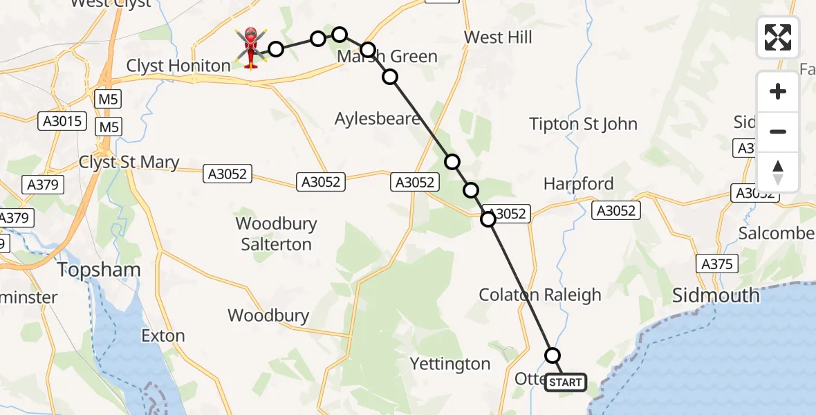 Flight route Air Ambulance Helicopter Otterton - Exeter International Airport, 29 June 2026, 21:55