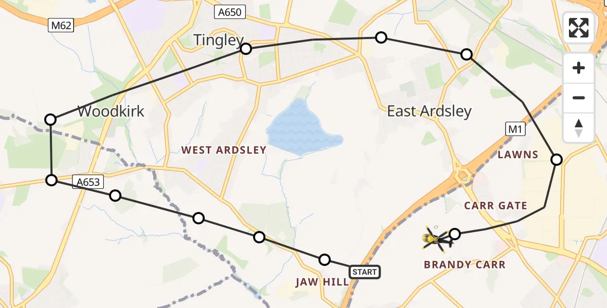 Flight route Police Helicopter East Ardsley - East Ardsley, 29 June 2026, 22:12