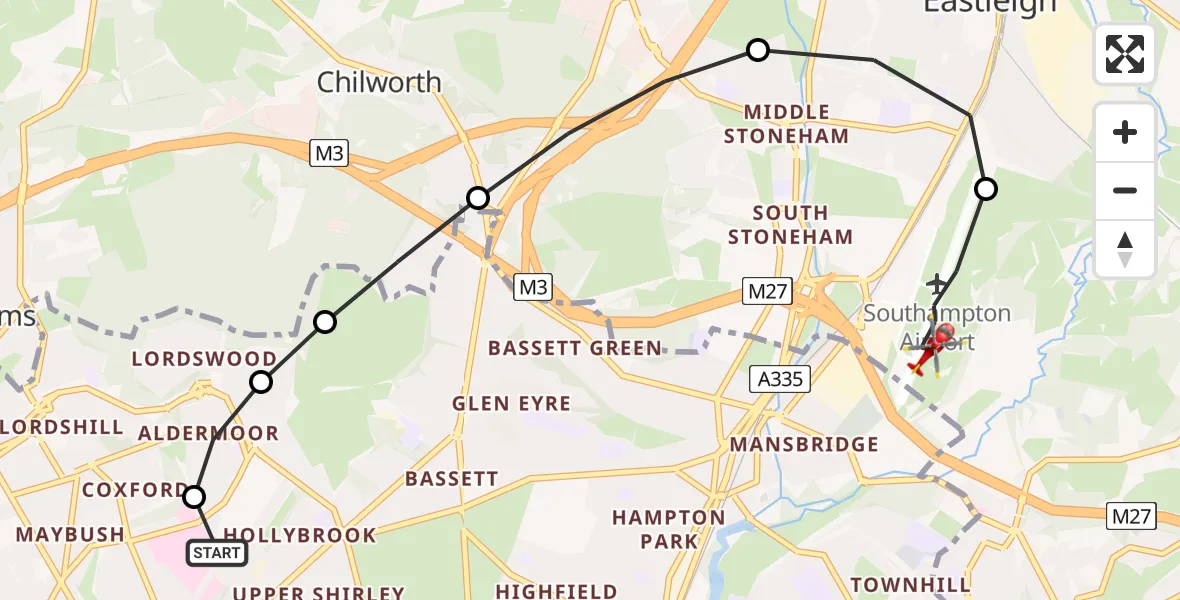 Flight route Air Ambulance Helicopter University Hospital Southampton - Southampton Airport, 29 June 2026, 22:14