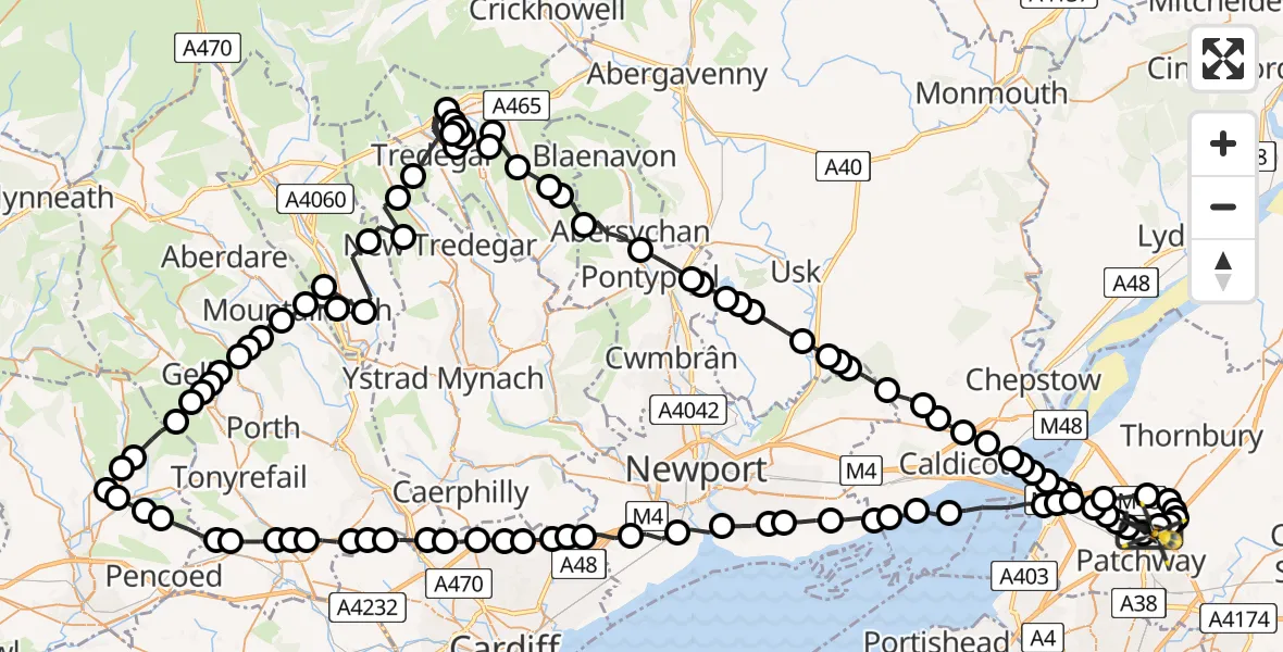 Flight route Police Helicopter Almondsbury Helicopter Base - Almondsbury Helicopter Base, 29 June 2026, 22:15