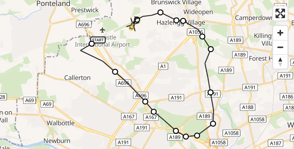 Flight route Police Helicopter Newcastle International Airport - Newcastle International Airport, 29 June 2026, 22:17