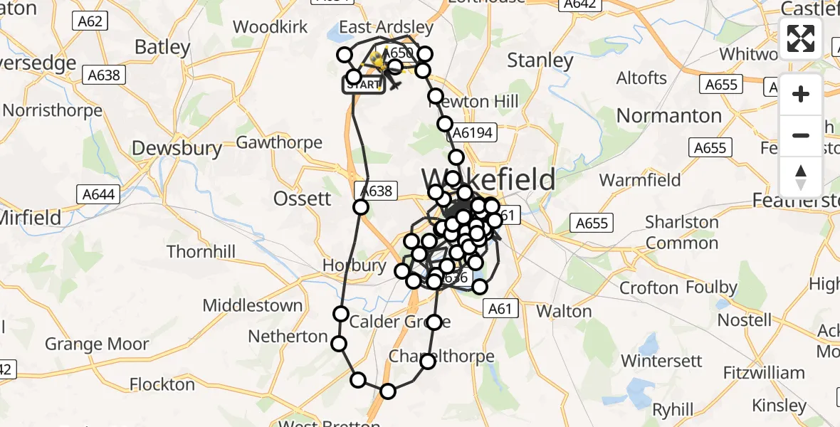 Flight route Police Helicopter East Ardsley - East Ardsley, 29 June 2026, 22:20