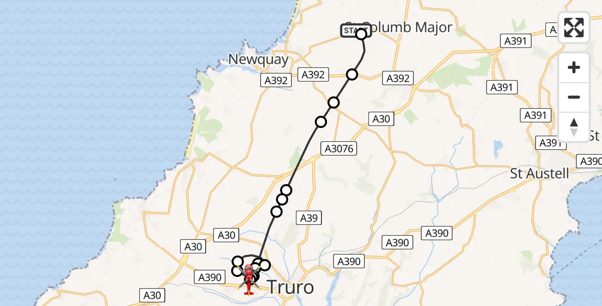 Flight route Air Ambulance Helicopter Cornwall Airport Newquay - Treliske Hospital, 29 June 2026, 22:24
