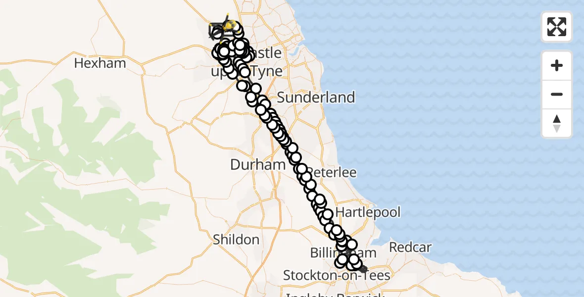 Flight route Police Helicopter Newcastle International Airport - Newcastle International Airport, 29 June 2026, 22:26
