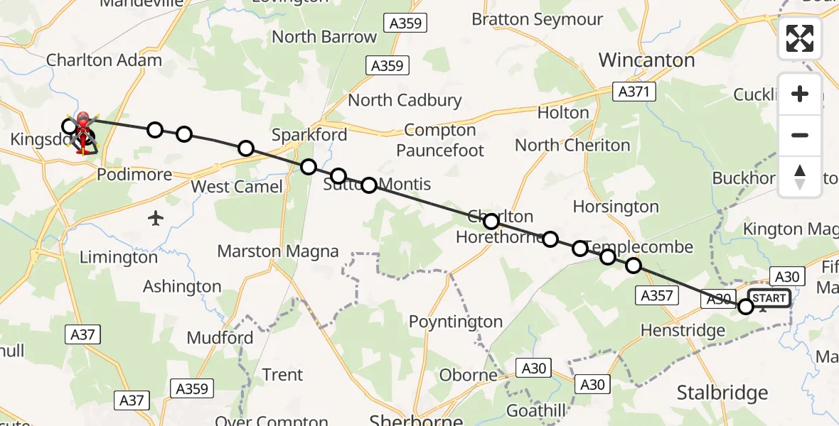 Flight route Air Ambulance Helicopter Henstridge Airfield - Kingsdon, 29 June 2026, 22:34