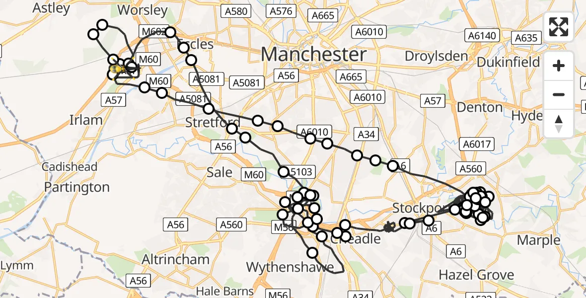 Flight route Police Helicopter Manchester Barton Aerodrome - Manchester Barton Aerodrome, 29 June 2026, 22:44
