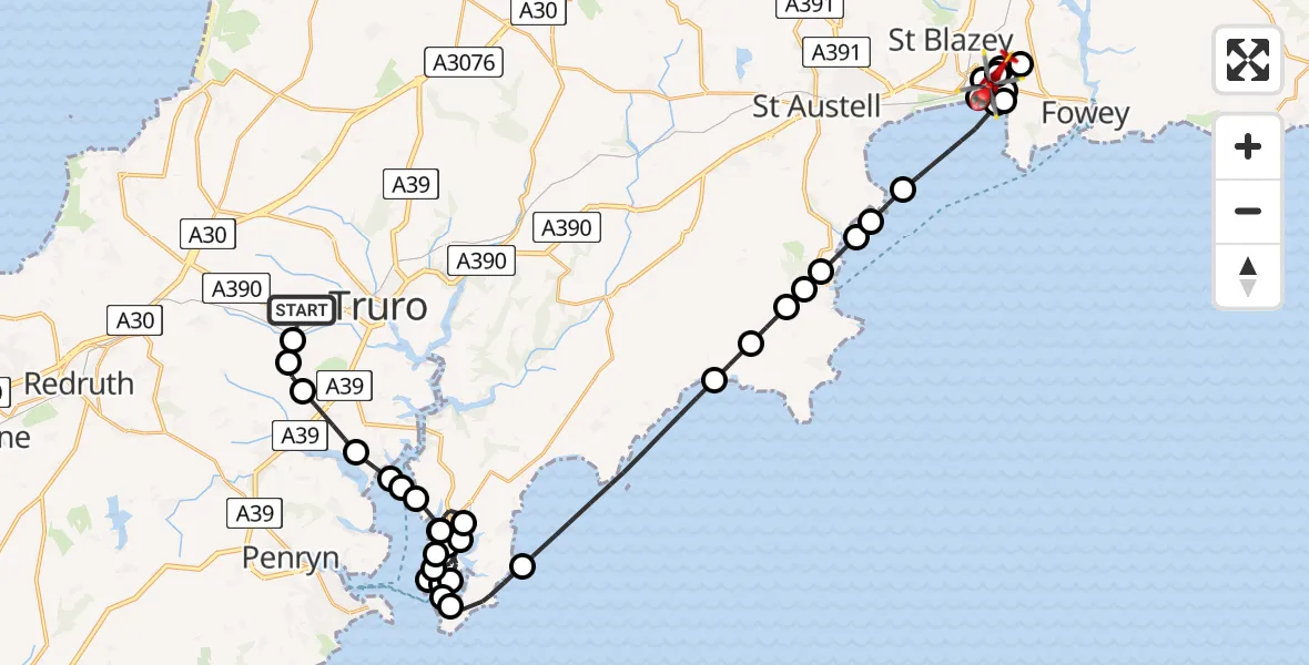 Flight route Air Ambulance Helicopter Threemilestone - Par, 29 June 2026, 22:45