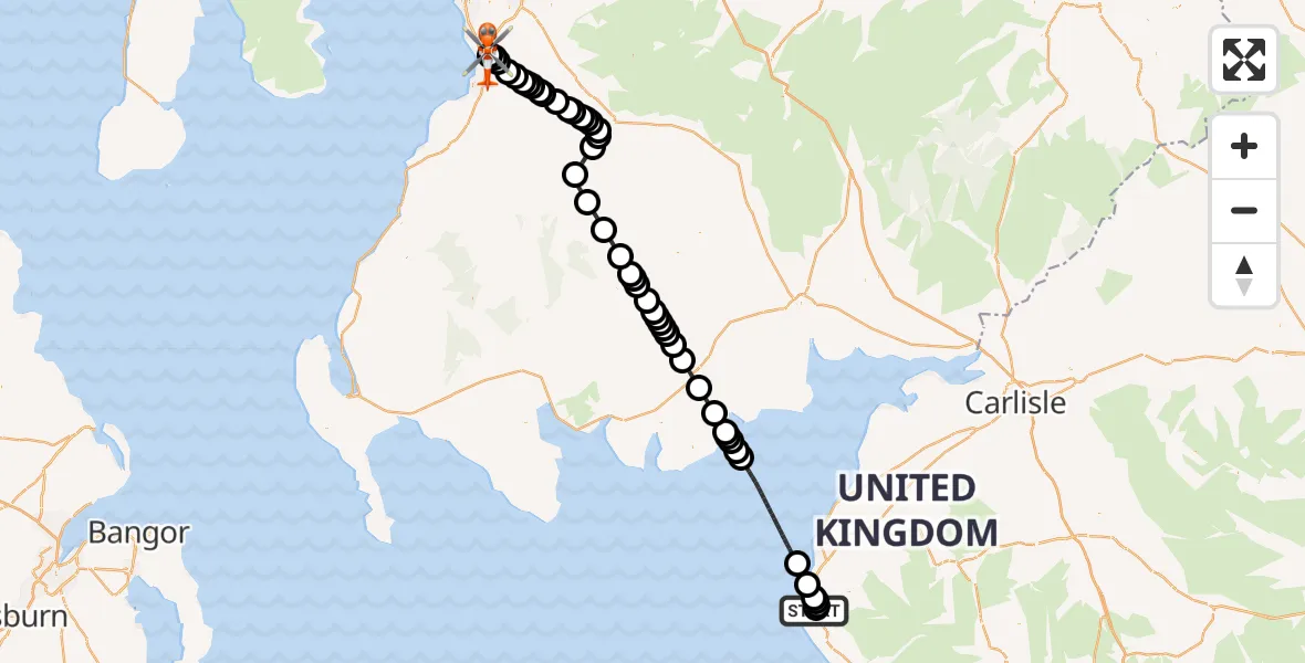 Flight route Coastguard Helicopter West Cumberland Hospital Helipad - Glasgow Prestwick Airport, 29 June 2026, 22:51
