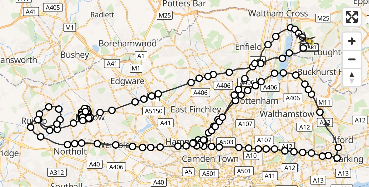 Flight route Police Helicopter Metropolitan Police Air Support Unit Lippitts Hill - Sewardstonebury, 29 June 2026, 23:08