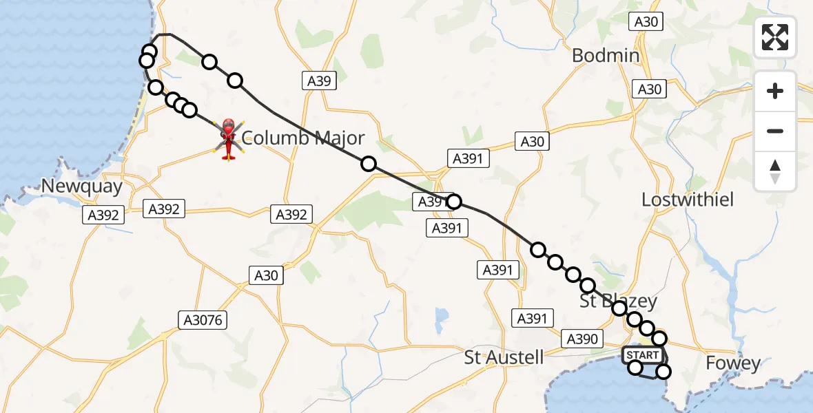 Flight route Air Ambulance Helicopter Tywardreath - Cornwall Airport Newquay, 29 June 2026, 23:19