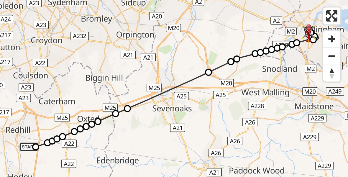 Flight route Air Ambulance Helicopter Redhill Aerodrome - Rochester, 29 June 2026, 23:47