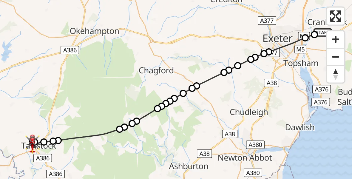 Flight route Air Ambulance Helicopter Exeter International Airport - Tavistock, 29 June 2026, 23:48