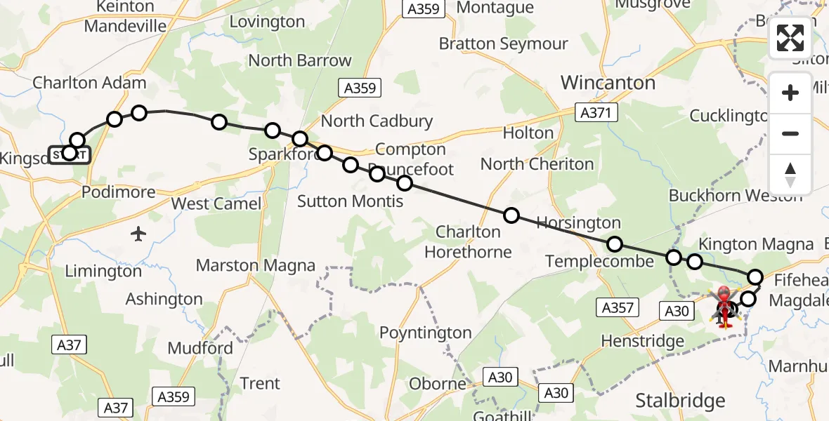 Flight route Air Ambulance Helicopter Charlton Mackrell - Henstridge Airfield, 29 June 2026, 23:56