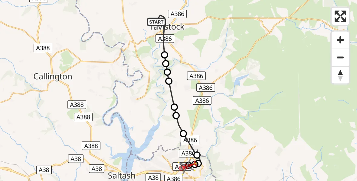 Flight route Air Ambulance Helicopter Tavistock - Derriford Hospital, 30 June 2026, 01:04