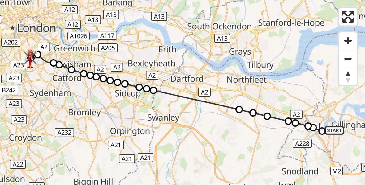 Flight route Air Ambulance Helicopter Rochester - Kings College London Hospital, 30 June 2026, 01:23