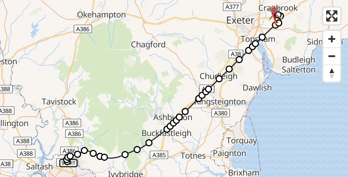 Flight route Air Ambulance Helicopter Derriford Hospital - Exeter International Airport, 30 June 2026, 01:46