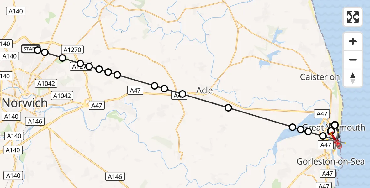 Flight route Air Ambulance Helicopter Norwich Airport - Gorleston-on-Sea, 30 June 2026, 01:57