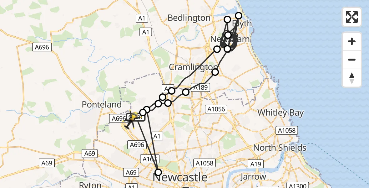 Flight route Police Helicopter Newcastle International Airport - Newcastle International Airport, 30 June 2026, 02:20