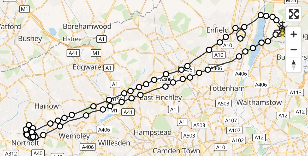 Flight route Police Helicopter Metropolitan Police Air Support Unit Lippitts Hill - Sewardstonebury, 30 June 2026, 02:39