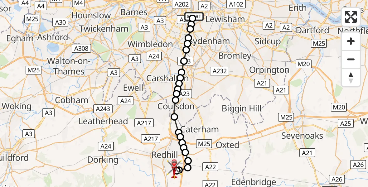 Flight route Air Ambulance Helicopter Kings College London Hospital - Redhill Aerodrome, 30 June 2026, 02:57