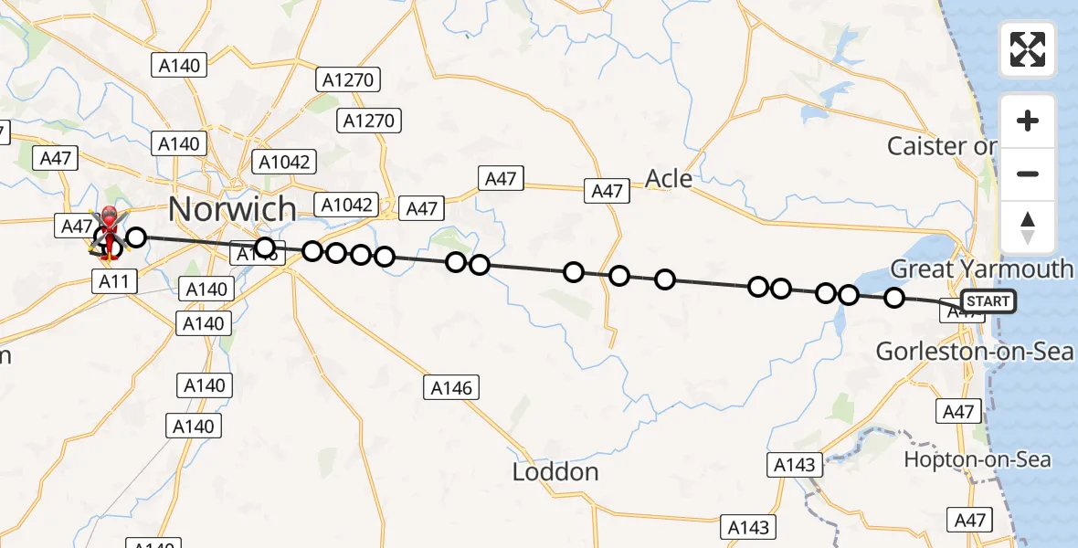 Flight route Air Ambulance Helicopter Gorleston-on-Sea - Norfolk & Norwich Hospital, 30 June 2026, 03:09