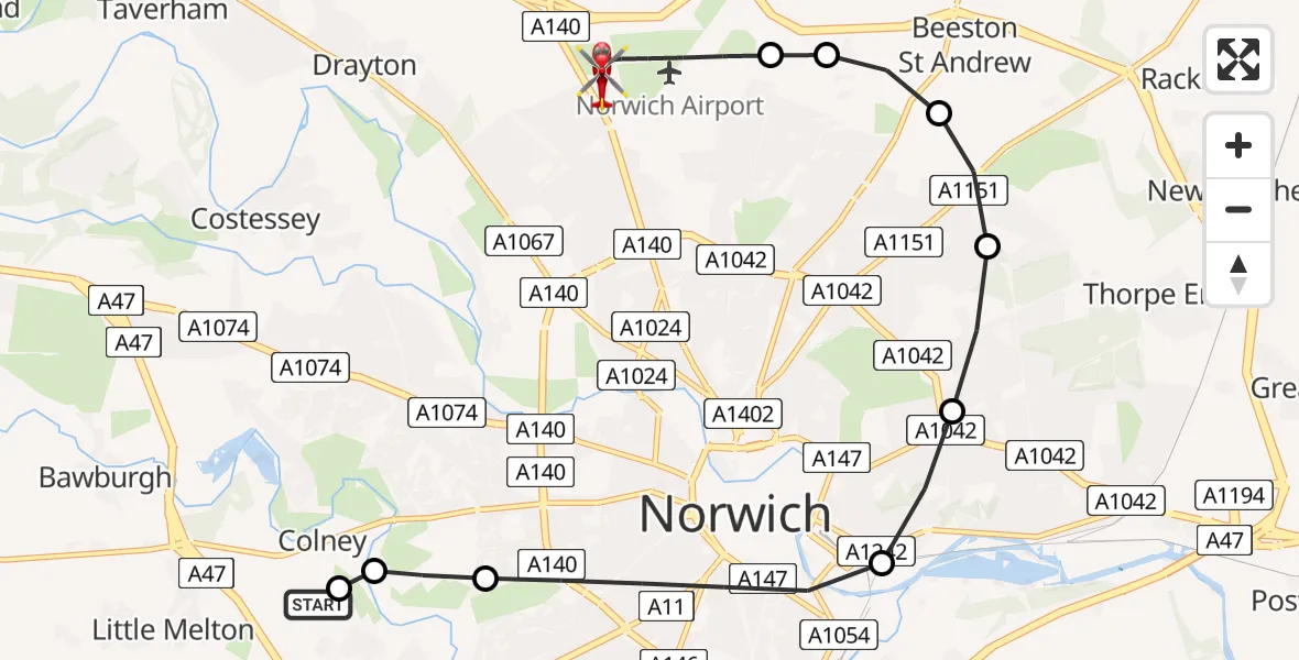 Flight route Air Ambulance Helicopter Norfolk & Norwich Hospital - Norwich Airport, 30 June 2026, 04:24