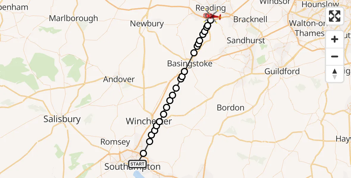 Flight route Air Ambulance Helicopter Bitterne Manor - Reading, 30 June 2026, 06:31