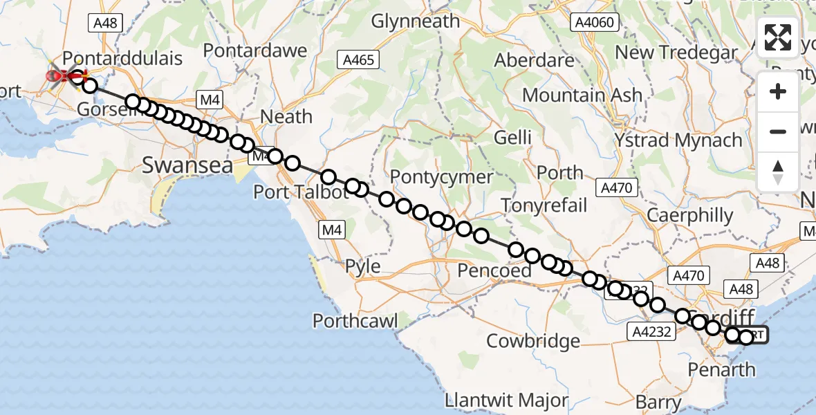 Flight route Air Ambulance Helicopter Cardiff Heliport - Dafen, 30 June 2026, 06:31