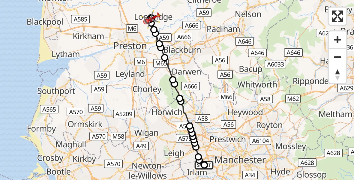 Flight route Air Ambulance Helicopter Manchester Barton Aerodrome - Longridge, 30 June 2026, 06:34
