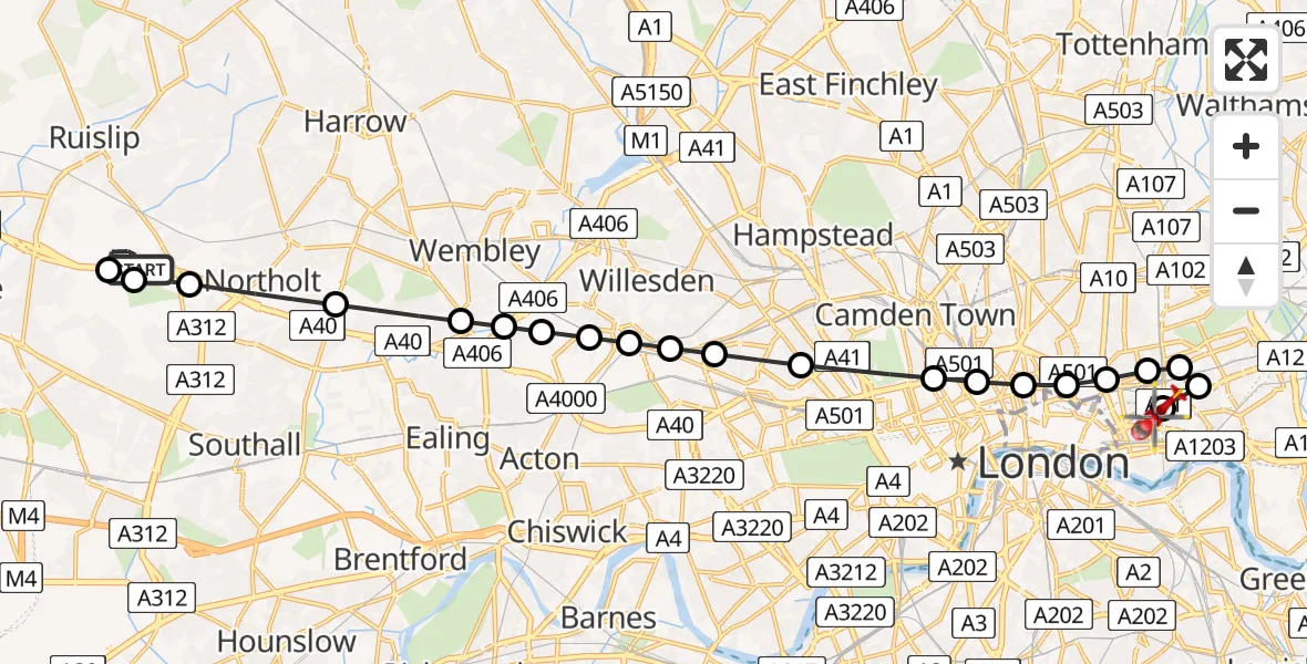 Flight route Air Ambulance Helicopter RAF Northolt - Royal London Hospital, 30 June 2026, 07:08