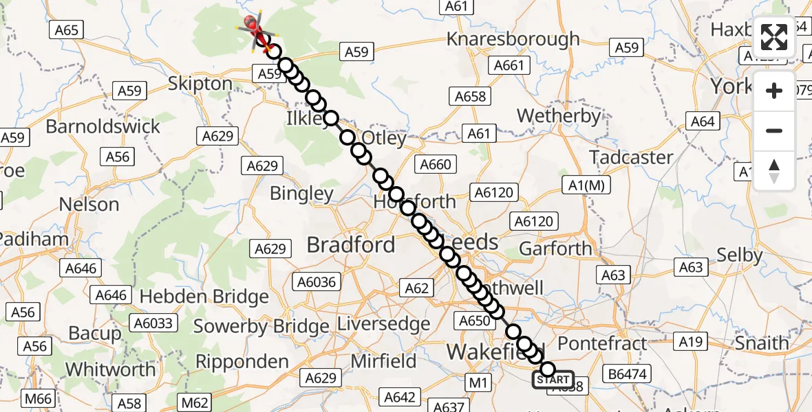 Flight route Air Ambulance Helicopter YAA Nostell Helicopter Port - Barden, 30 June 2026, 07:31