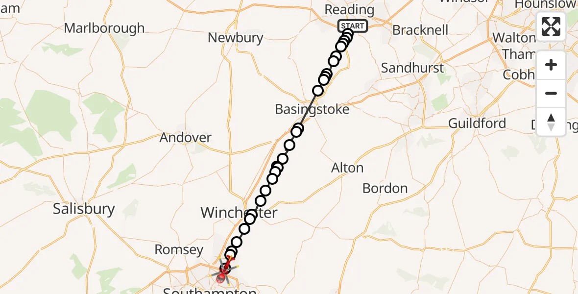 Flight route Air Ambulance Helicopter Reading - Southampton Airport, 30 June 2026, 07:37