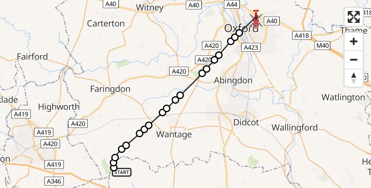 Flight route Air Ambulance Helicopter Upper Lambourn - Oxford, 30 June 2026, 07:53