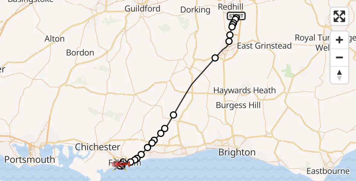 Flight route Air Ambulance Helicopter Redhill Aerodrome - Bognor Regis, 30 June 2026, 08:00