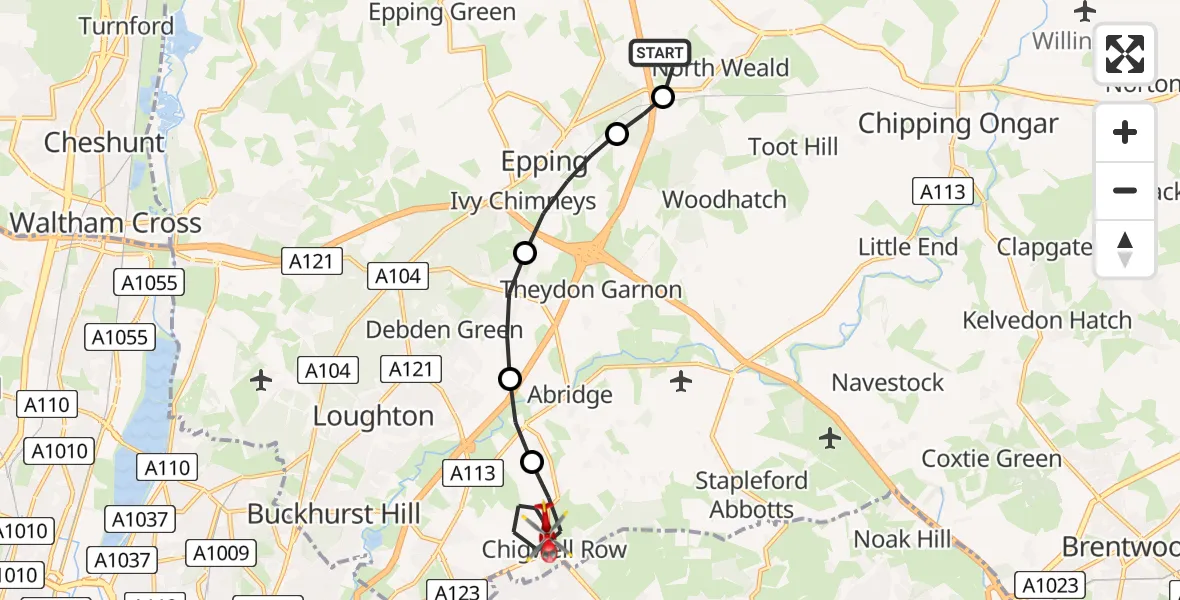 Flight route Air Ambulance Helicopter North Weald Airfield - Chigwell, 30 June 2026, 08:45