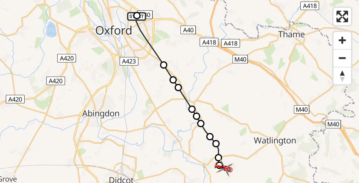 Flight route Air Ambulance Helicopter John Radcliffe Hospital - RAF Benson, 30 June 2026, 08:51