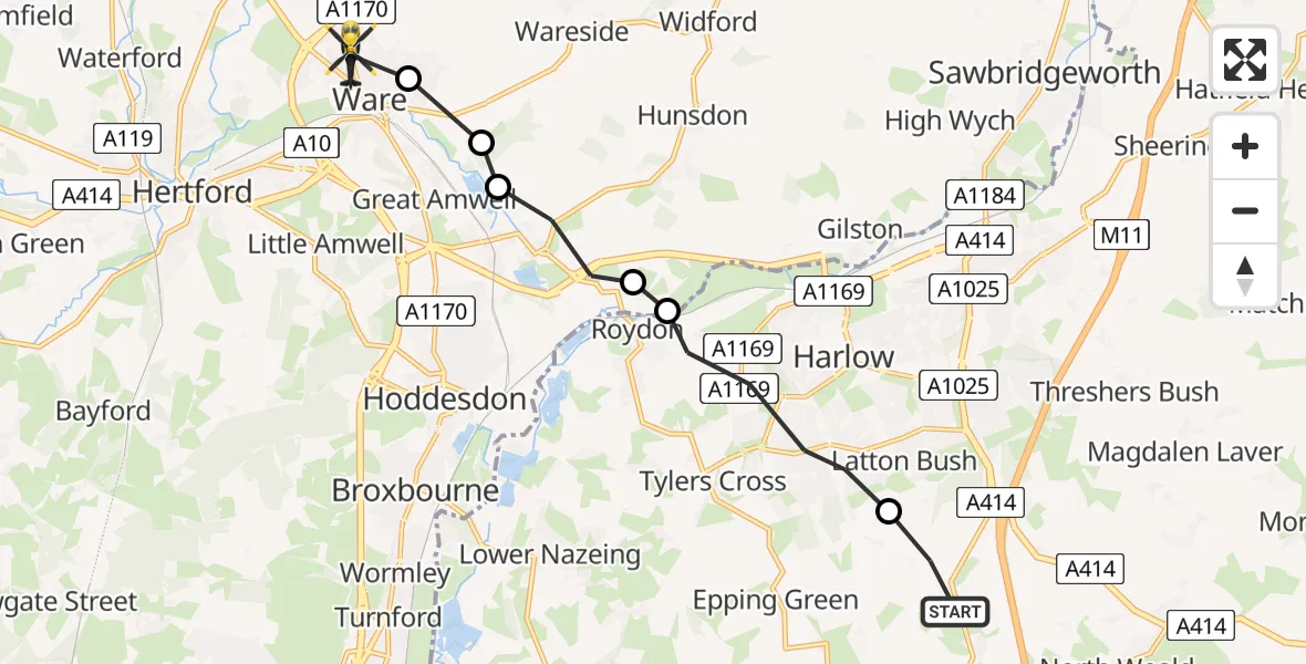 Flight route Police Helicopter North Weald Bassett - Ware, 30 June 2026, 09:01