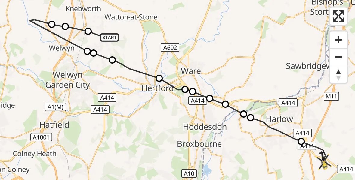 Flight route Police Helicopter Datchworth Green - North Weald Bassett, 30 June 2026, 09:07