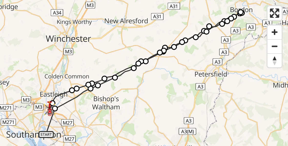 Flight route Air Ambulance Helicopter Itchen - Eastleigh, 30 June 2026, 09:08
