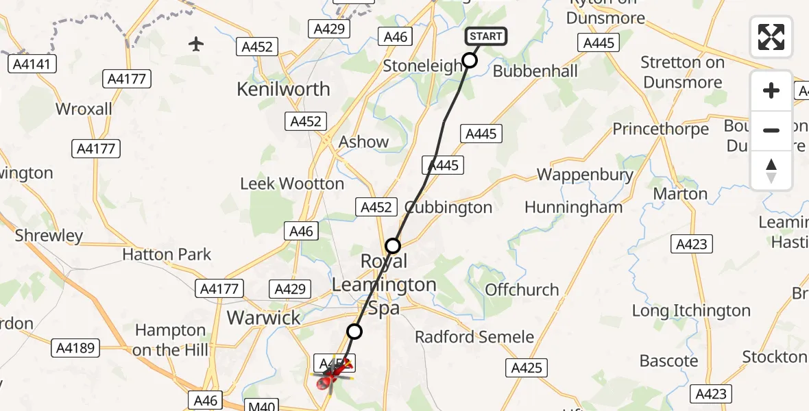Flight route Air Ambulance Helicopter Coventry Airport - Warwick, 30 June 2026, 09:11