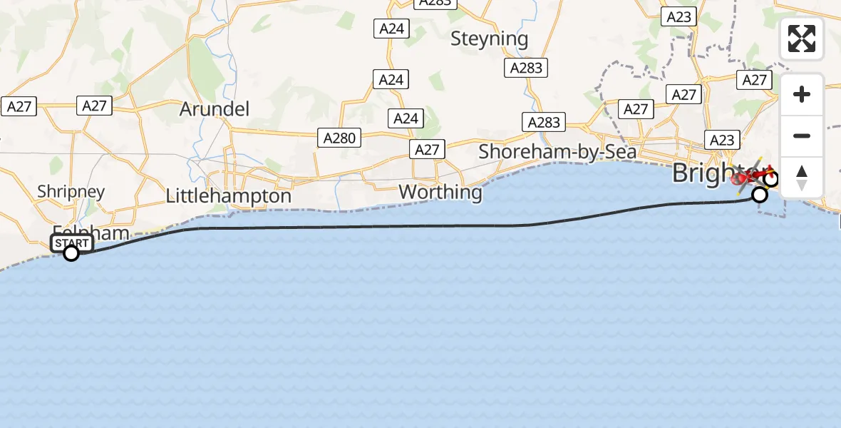 Flight route Air Ambulance Helicopter Bognor Regis - Brighton, 30 June 2026, 09:26