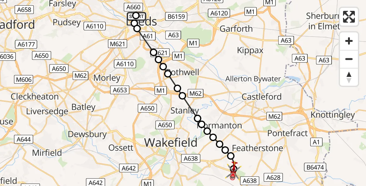 Flight route Air Ambulance Helicopter Woodhouse - YAA Nostell Helicopter Port, 30 June 2026, 09:31
