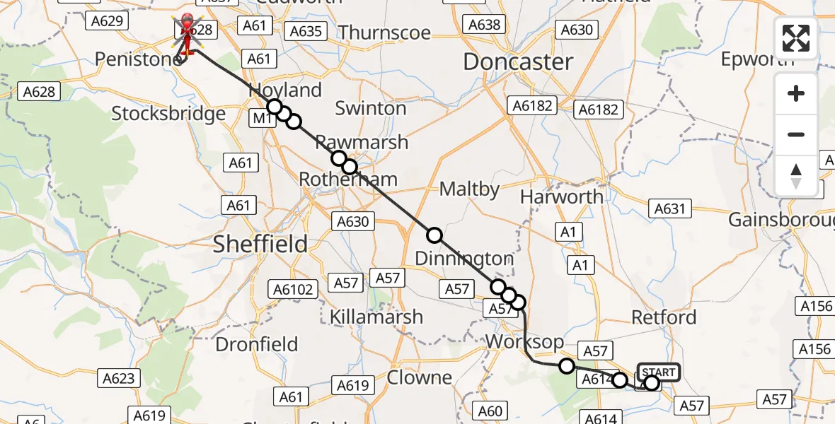 Flight route Air Ambulance Helicopter Retford Gamston Airport - Barnsley, 30 June 2026, 09:53