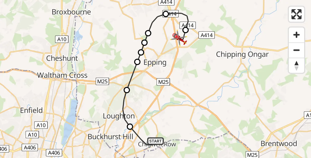 Flight route Air Ambulance Helicopter Chigwell - North Weald Airfield, 30 June 2026, 09:54